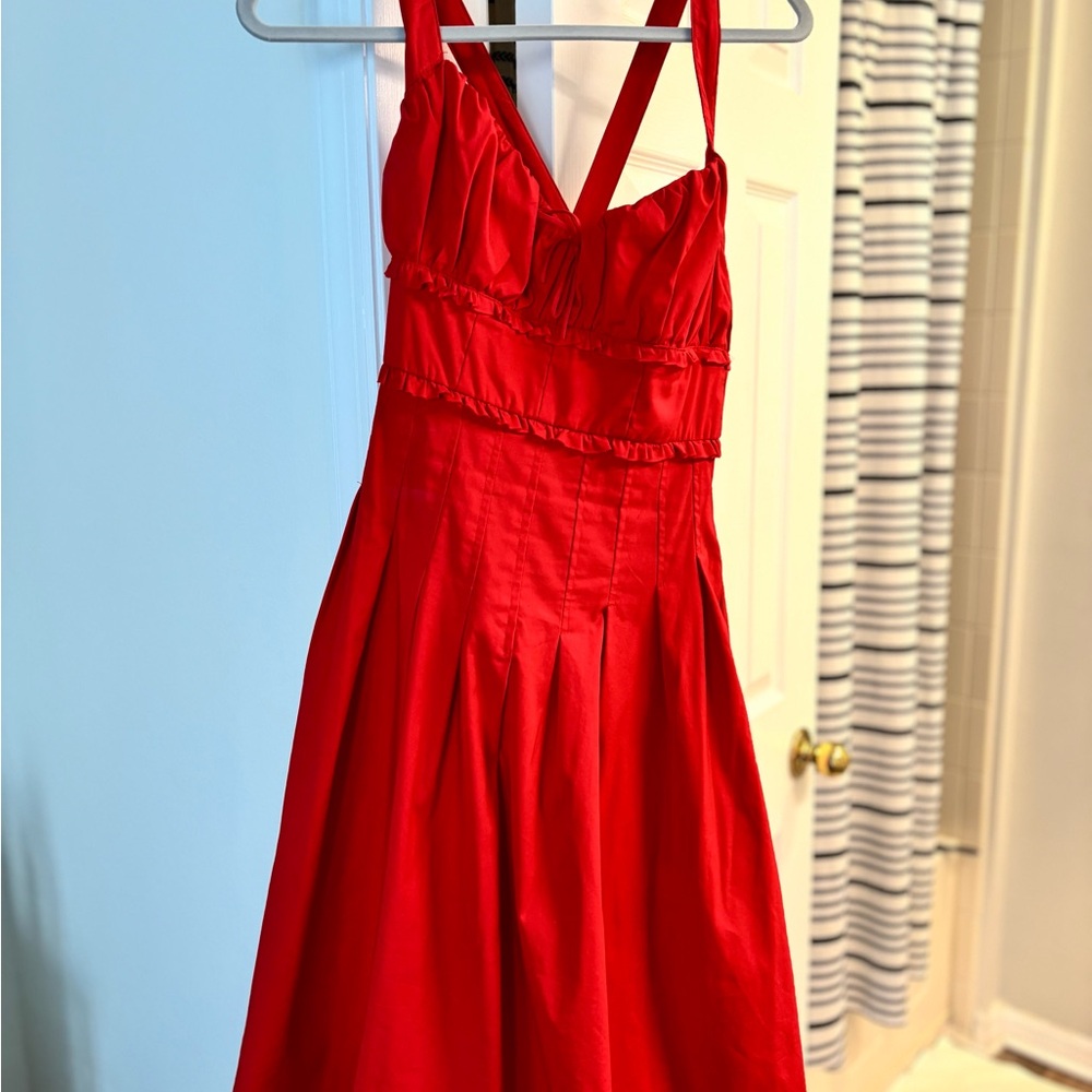 Mable Red Milkmaid Dress with Ruched Bust - Picture 2 of 6